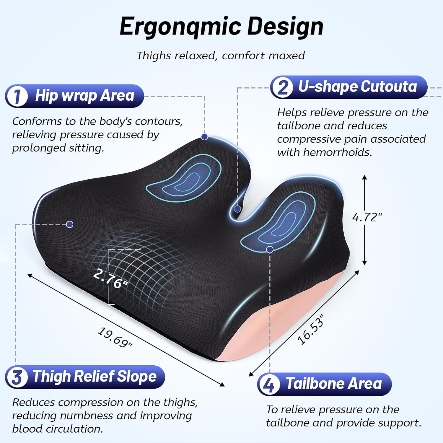 Extra Large Seat Cushion for Tailbone Pain Relief, Ergonomic Office Chair Cushion, Memory Foam Coccyx Cushion, Relief Sciatica and Back Support, Orthopedic Pillow