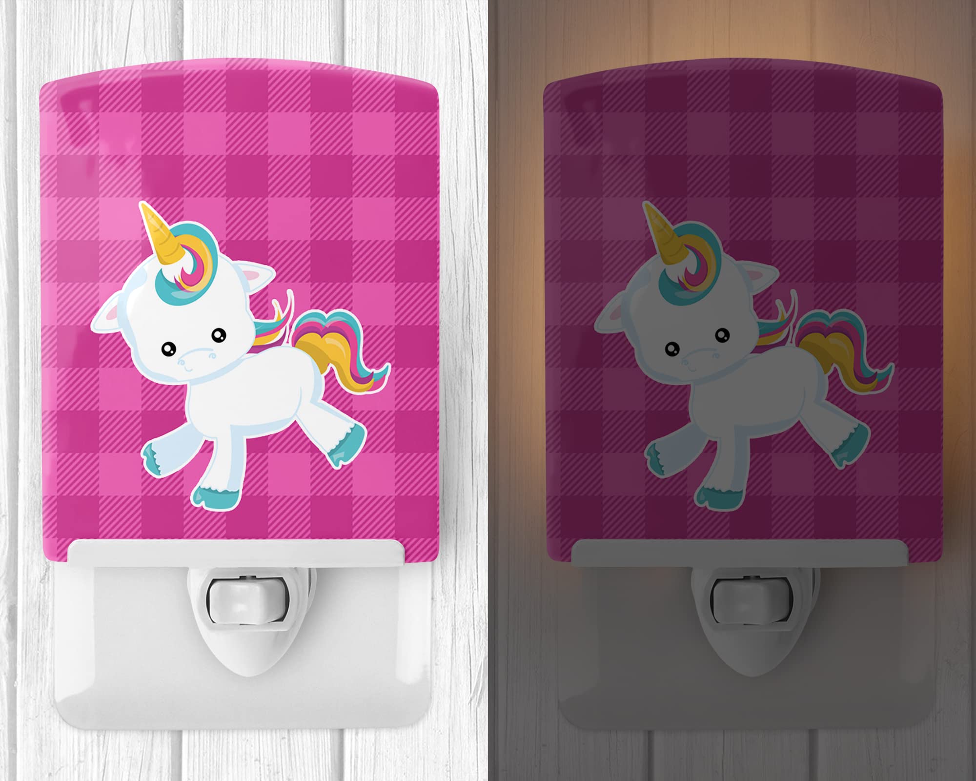 Caroline's Treasures BB6807CNL Pink Plaid Unicorn Ceramic Night Light Compact, UL-Certified, Ideal for Bedroom, Bathroom, Nursery, Hallway, Kitchen, 6x4x3, Multicolor