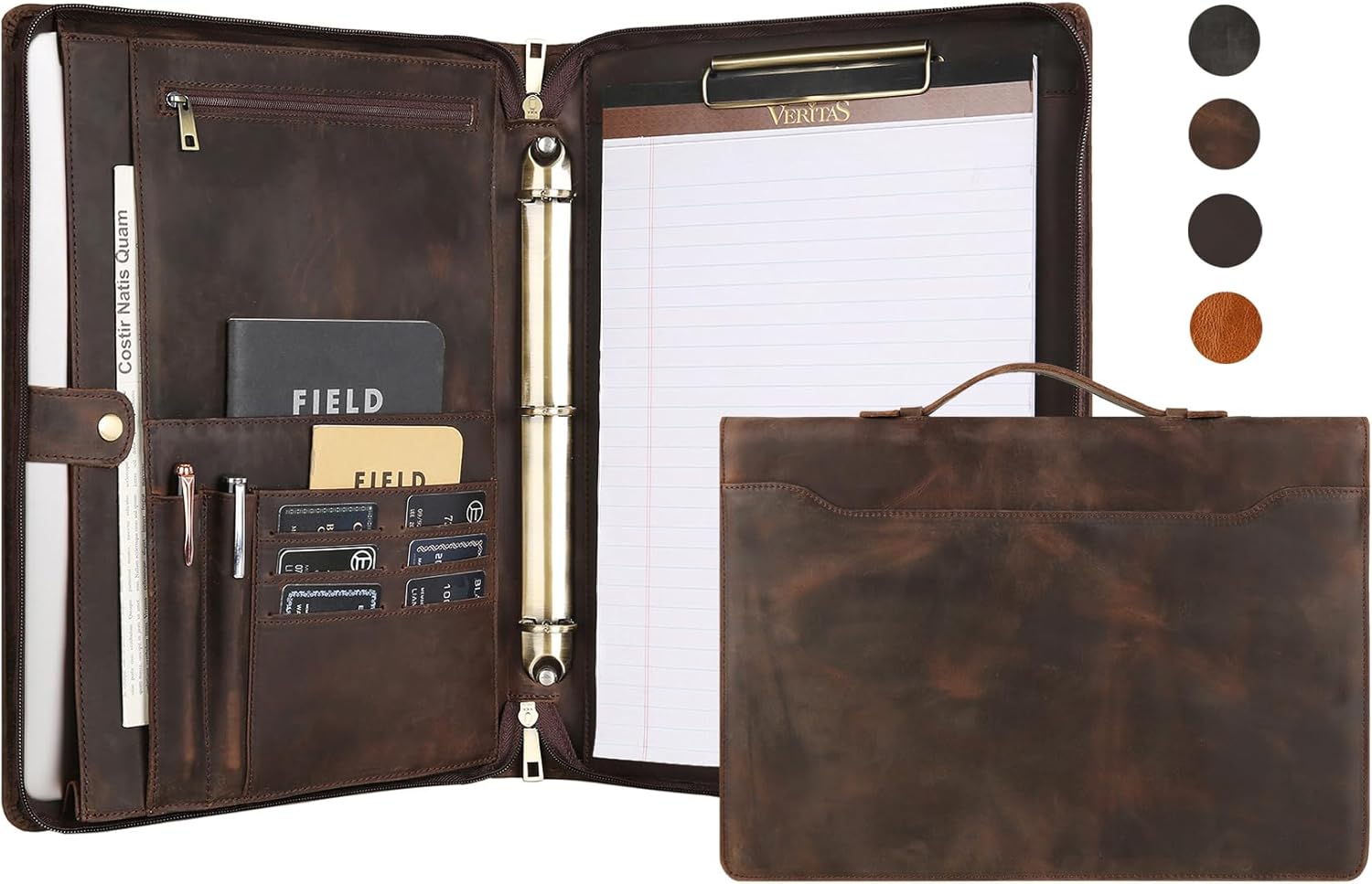 Personalized Padfolio for Men, 8.5 × 14” Legal Size Portfolio Organizer, Leather Binder 3 Ring, Leather Clipboard for Women, Leather Portfolio with Handle for 15-inch Laptop (Non-Custom. Dark Khaki)