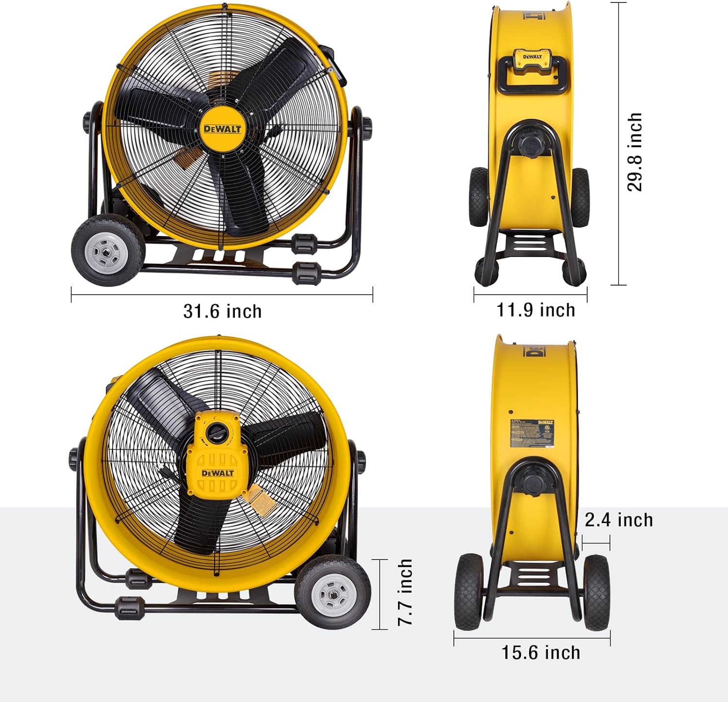 Close-up of the semi-pneumatic tires on the DEWALT DXF2490 fan, designed for smooth movement over uneven surfaces.