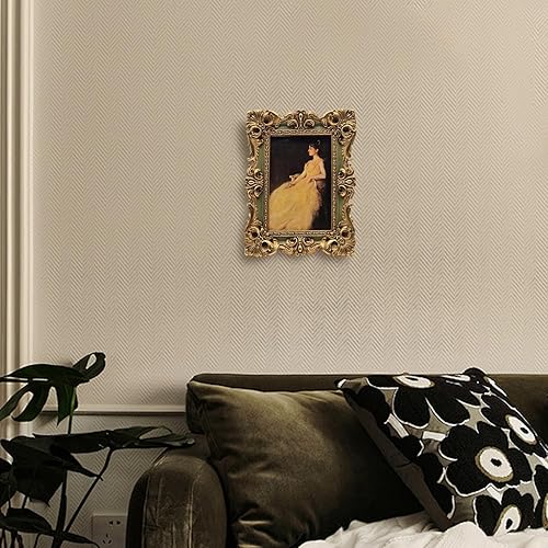 Miniatura 4 de CISOO Marco de fotos vintage de 4 x 6 pulgadas, marco de fotos antiguo y ornamentado en verde y dorado, para exhibición en mesa y pared, diseño