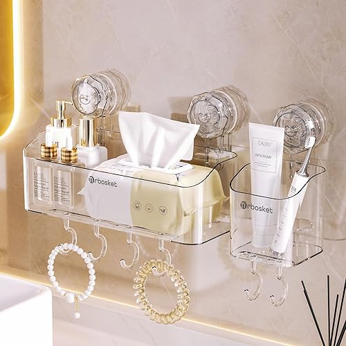 Miniatura 9 de Cesta de ducha con ventosa, organizador de ducha de succión montado en la pared, cesta transparente sin taladrar con 4 ganchos móviles, estante de