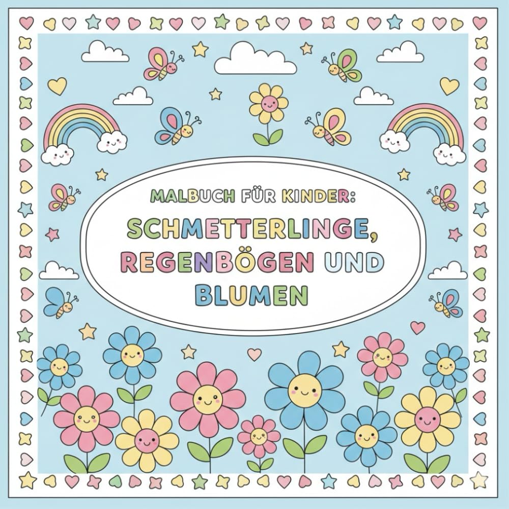 Malbuch für Kinder: Schmetterlinge, Regenbögen und Blumen: Süße Motive mit dicken Linien zum einfachen Ausmalen – Kreatives Beschäftigungsbuch für Kinder von 3 bis 8 Jahren