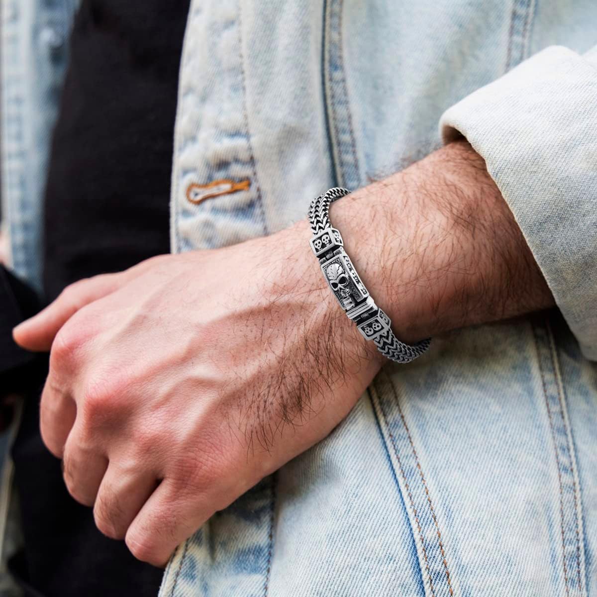 COOLSTEELANDBEYOND Mens Stainless Steel Franco Link Curb Chain Bracelet, Vintage Pattern Filigree Spring Box Clasp