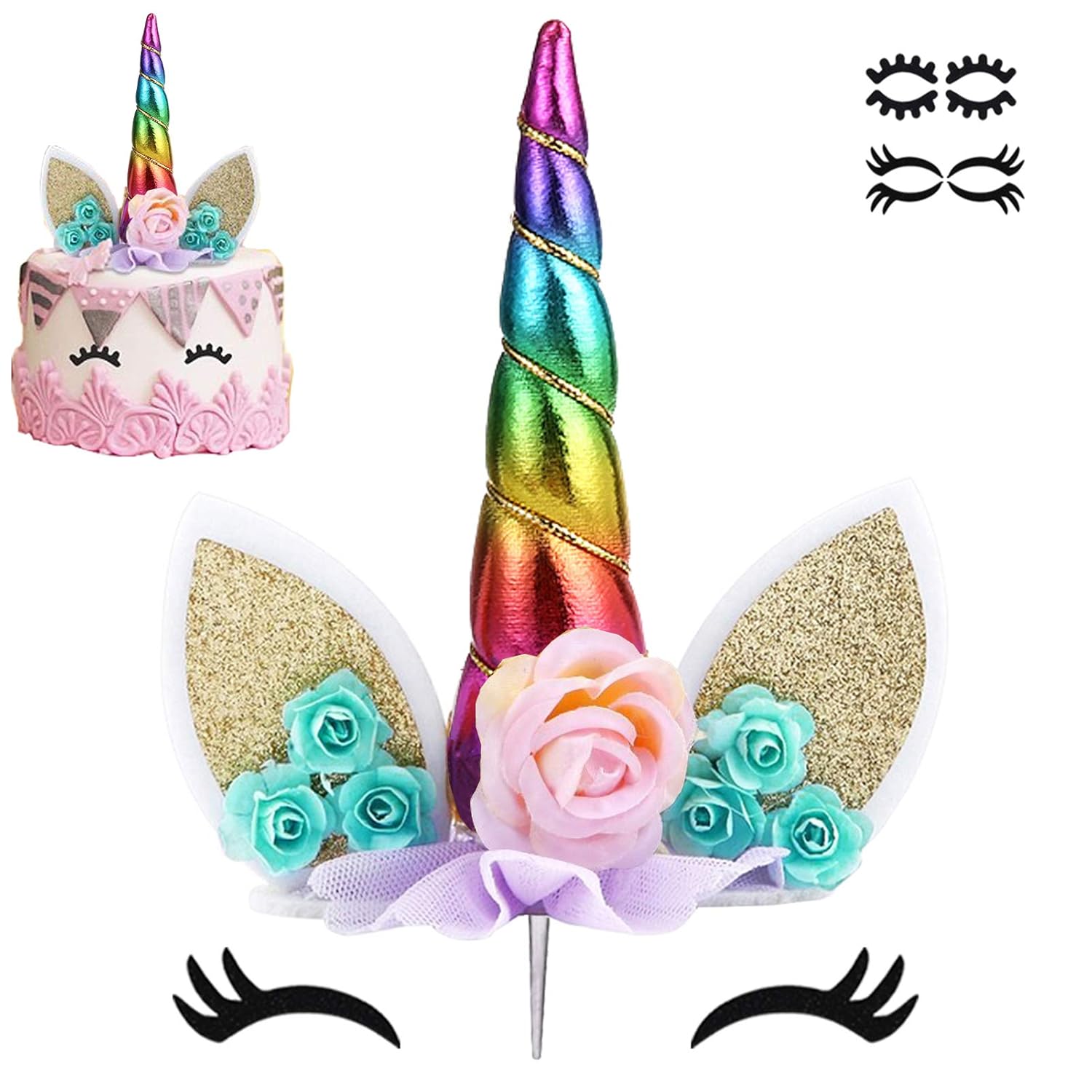 amazon com unicorn cake topper handmade rainbow horn unicorn cake topper unicorn happy birthday party decoration supplies magic reusable cake topper with eyelashes and stack for girls kid women 5 8 inch grocery