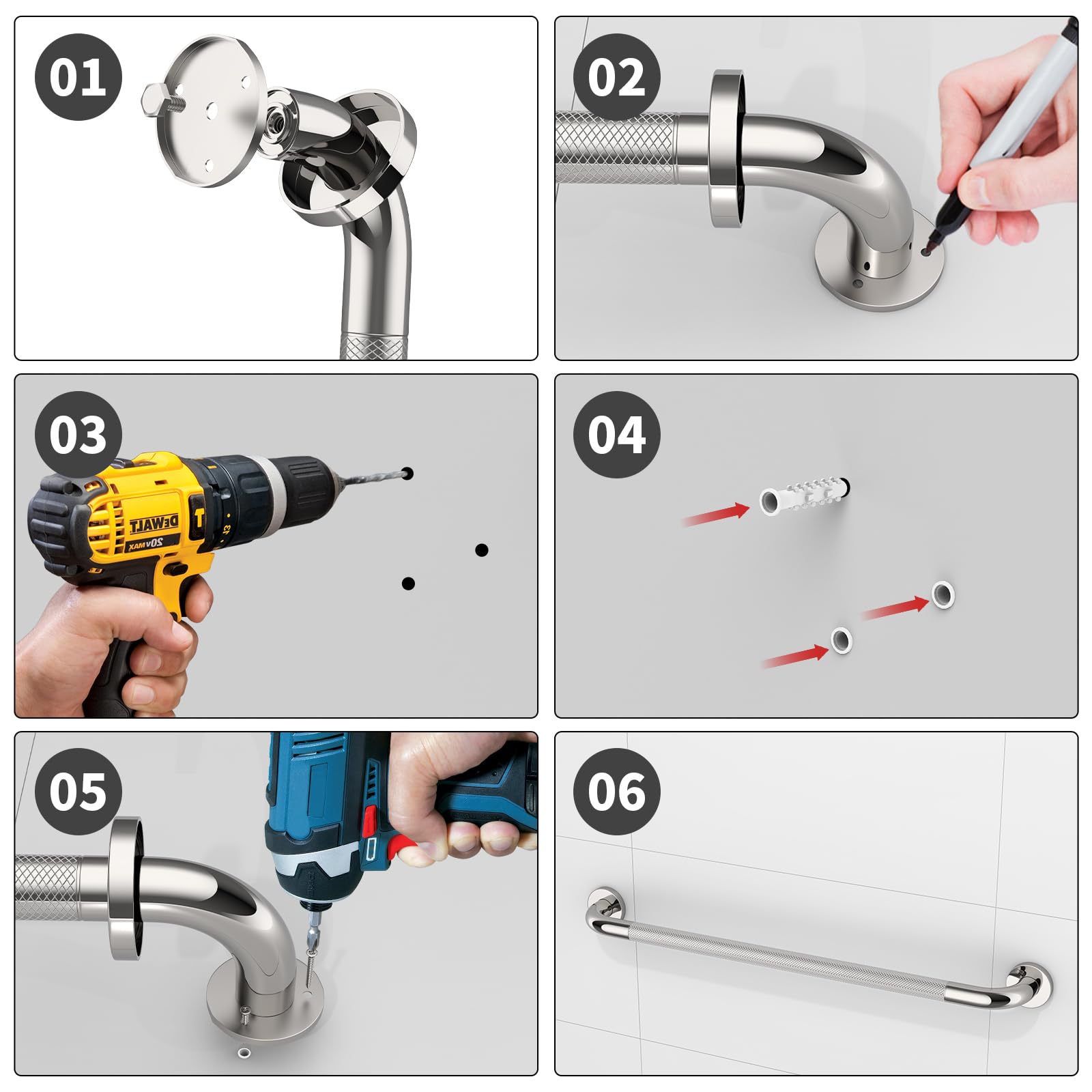 Zuext - Set di 2 maniglie antiscivolo per doccia, in acciaio INOX cromato, zigrinato per bilanciamento del bagno, supporto di sicurezza per guida per disabili anziani (3,2 cm di diametro)