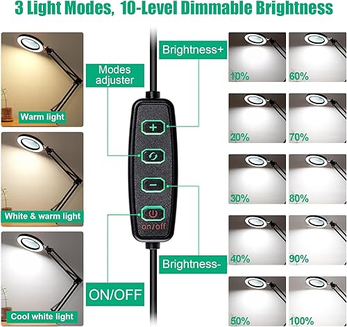 Miniatura 6 de Lupa 10X con luz y soporte, lámpara de aumento LED 2 en 1, lupa de atenuación continua de 3 colores con luz, lámpara de lupa de vidrio óptico real