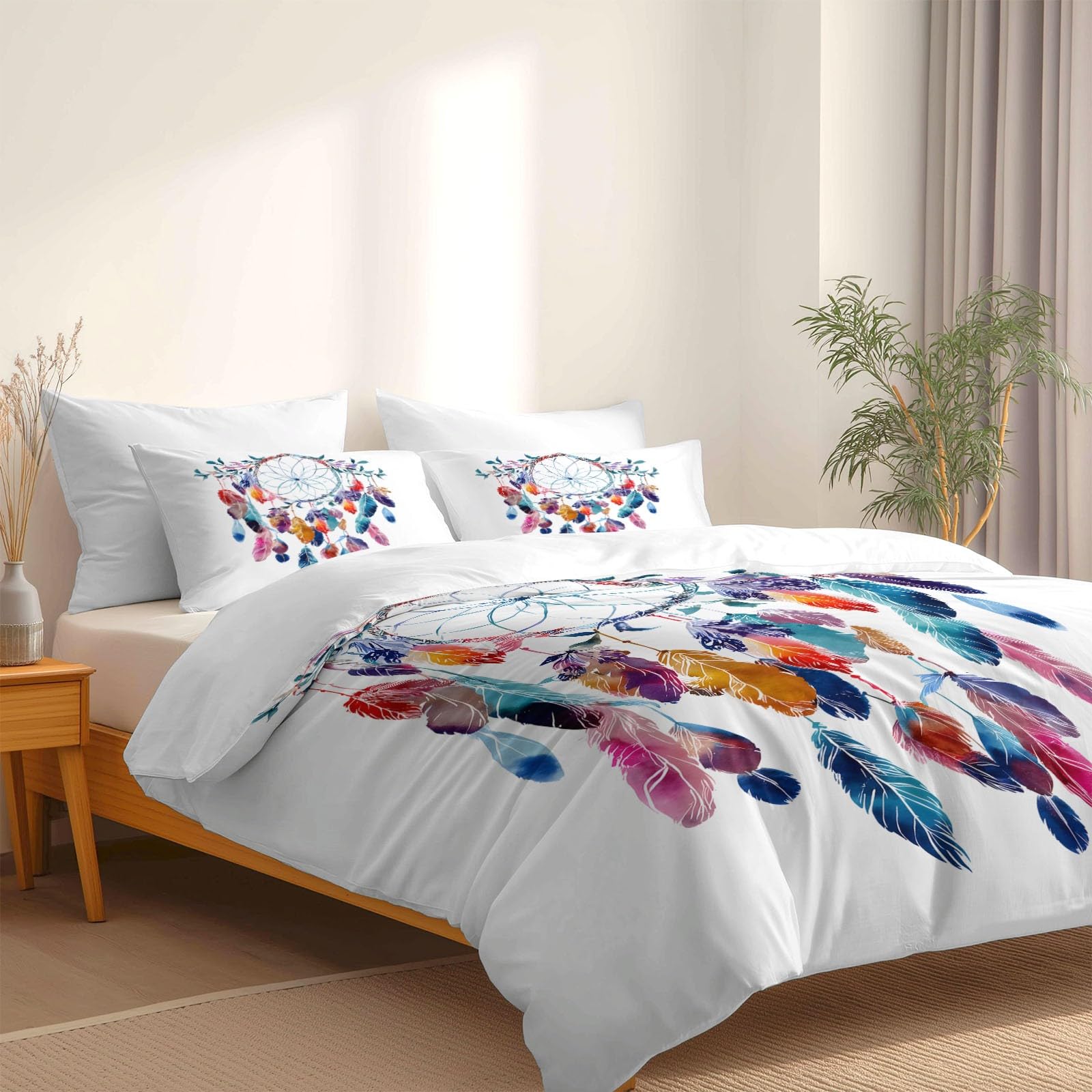 Generisch Boho Chic Stil 3-teiliges Bettwäsche-Set, 1 Bettbezug 240 x 220 cm und 2 Kissenbezüge 80 x 80 cm, Weiß, Traumhafter Wald Traumfänger, Pflegeleicht, Erwachsene, Schlafzimmer