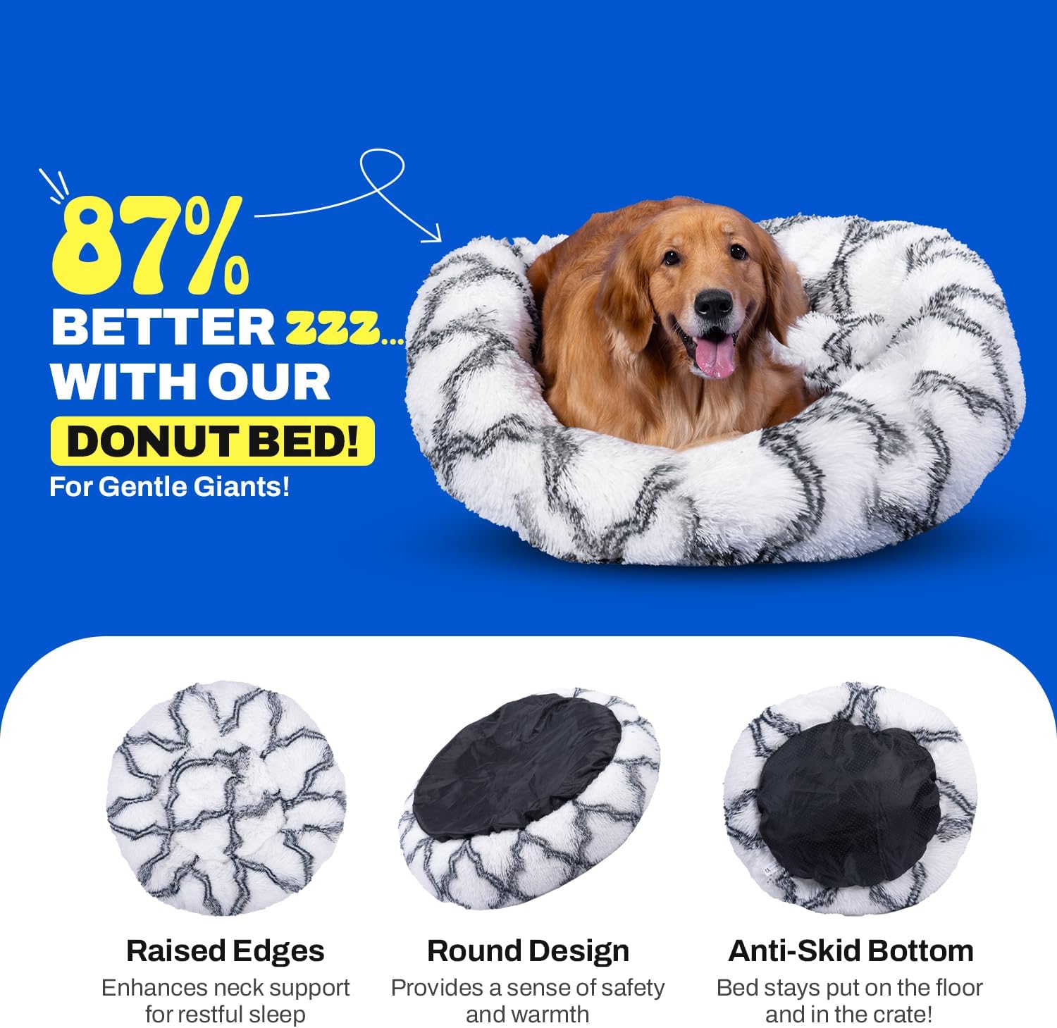 review SnooZZZles Donut Shaped Dog Bed Calming Stress Relief Dog Bed | Made with Fluffy Faux Fur | Anti-Slip Bottom | Washable Dog Bed | Black & White
