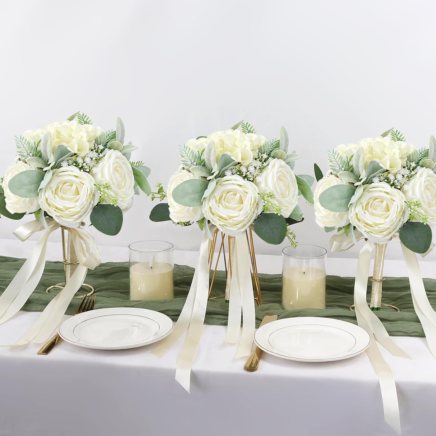 Set of 4 Bridesmaid Bouquets for Wedding - Silk Artificial Ivory Bridesmaid Flowers, Pre-Made Roses Sage Green Boho Bridal Floral for Bride Party Ceremony Anniversary Decoration - 9inch