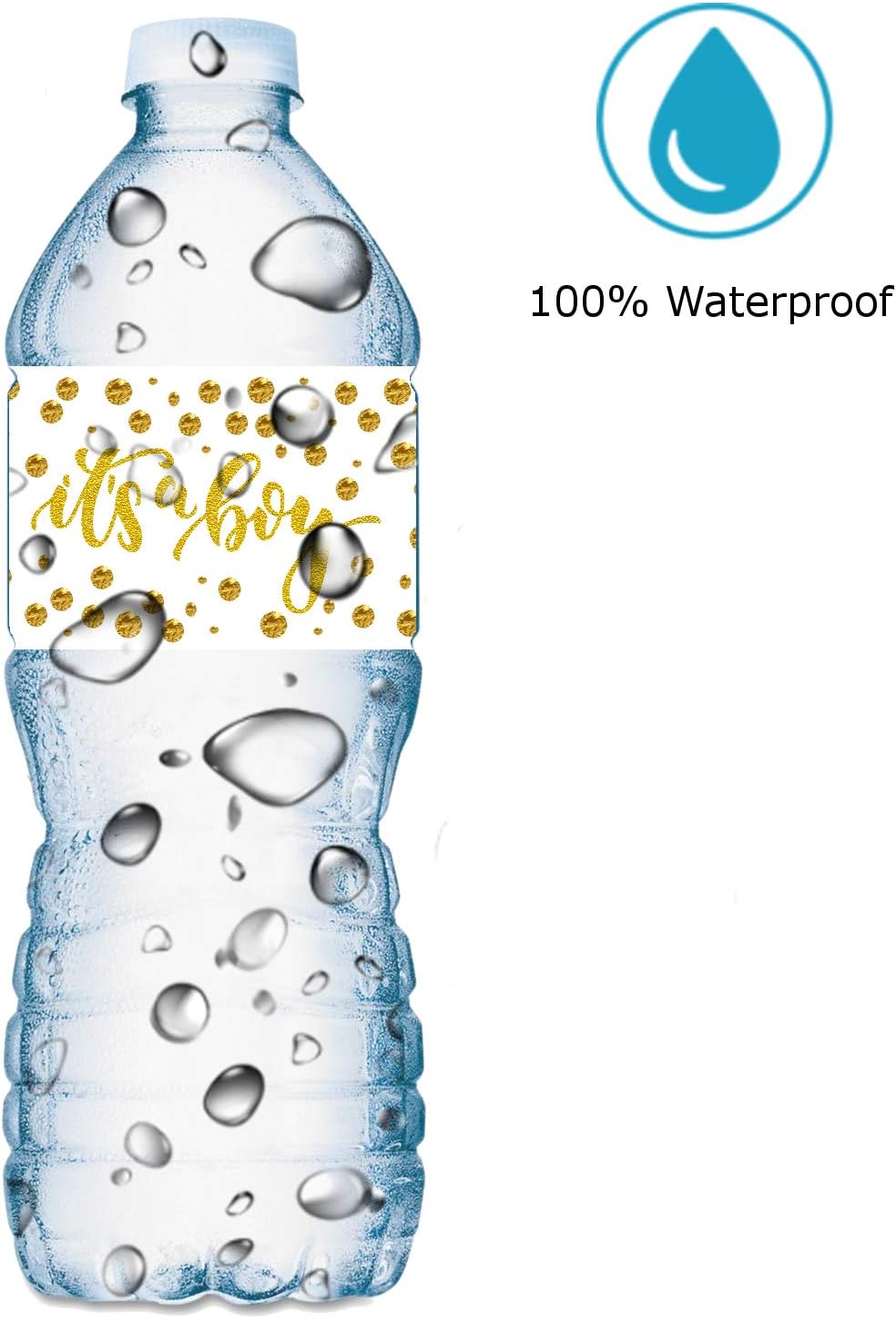 25 Gold It’s a Boy Oh Baby Water Bottle Labels; Baby Shower Set of 25 Waterproof Water Bottle Stickers Wrappers Decorations; Gold and White. Made in USA