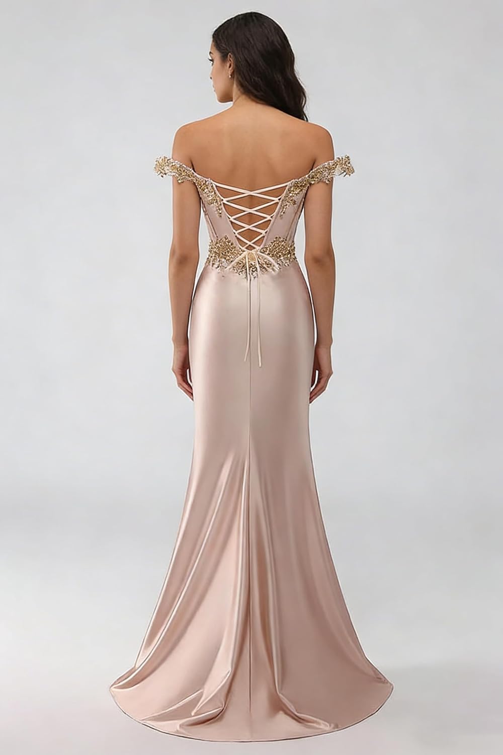 Lace Appliques Satin Prom Dresses with Slit Mermaid Sweetheart Evening Gown Off Shoulder Formal Dress