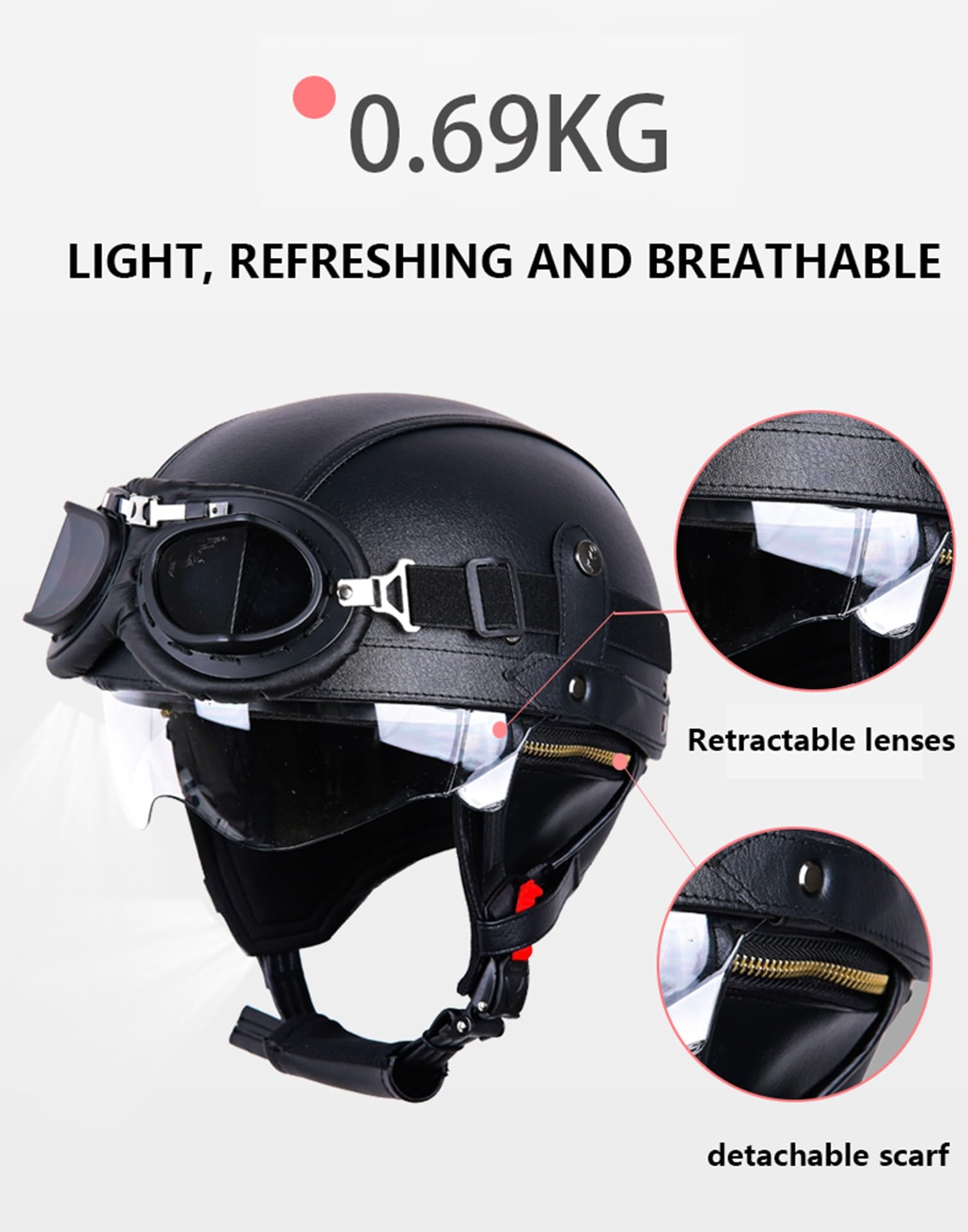 Kask motocyklowy w stylu niemieckim w stylu retro z goglami, kaski retro z otwartą twarzą, zatwierdzone DOT/ECE, czapka dla dorosłych mężczyzn