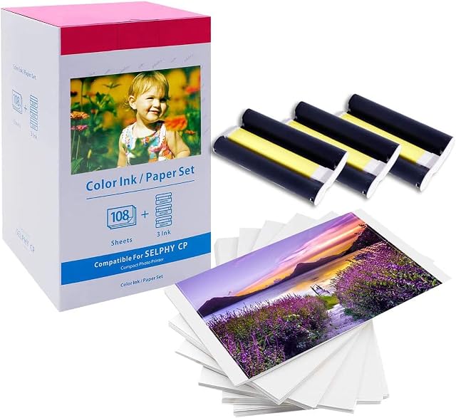 Compatible avec la cartouche d'encre et le papier photo Canon Selphy CP1500 KP-108IN | Cartouche d'encre couleur KP-108 et 108 feuilles de papier 4x6 po brillant, pour Selphy CP1500 CP1300 CP1200 CP1000 CP910 CP900 CP810 CP800