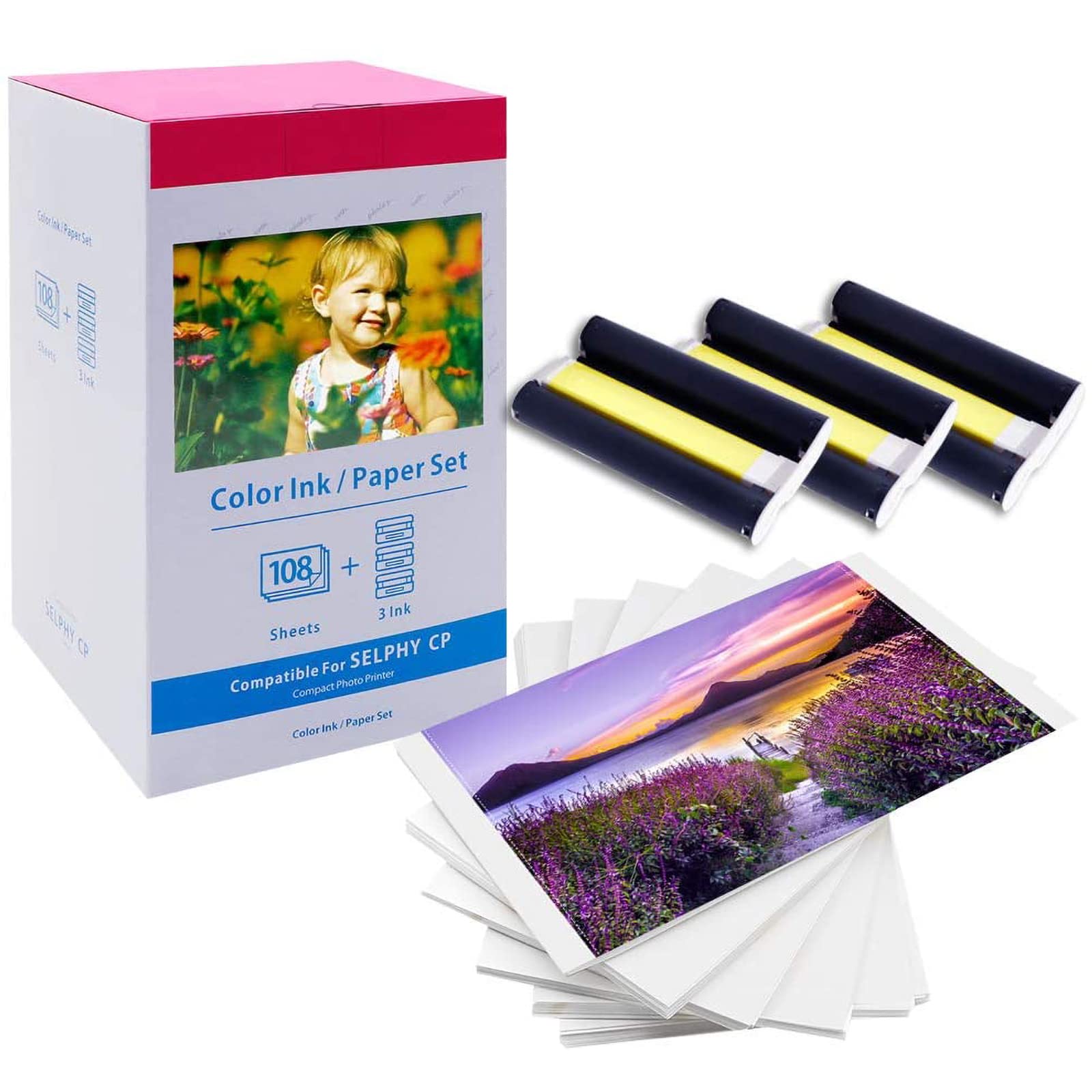 Compatible Canon Selphy CP1300 CP1500 Ink and Paper, KP-108IN 3 Color Ink Cartridges and 108 Sheets 4 x 6 Paper Glossy for Selphy CP1500 CP1300 CP1200 CP1000 CP910 CP900 CP810 CP Photo Printer