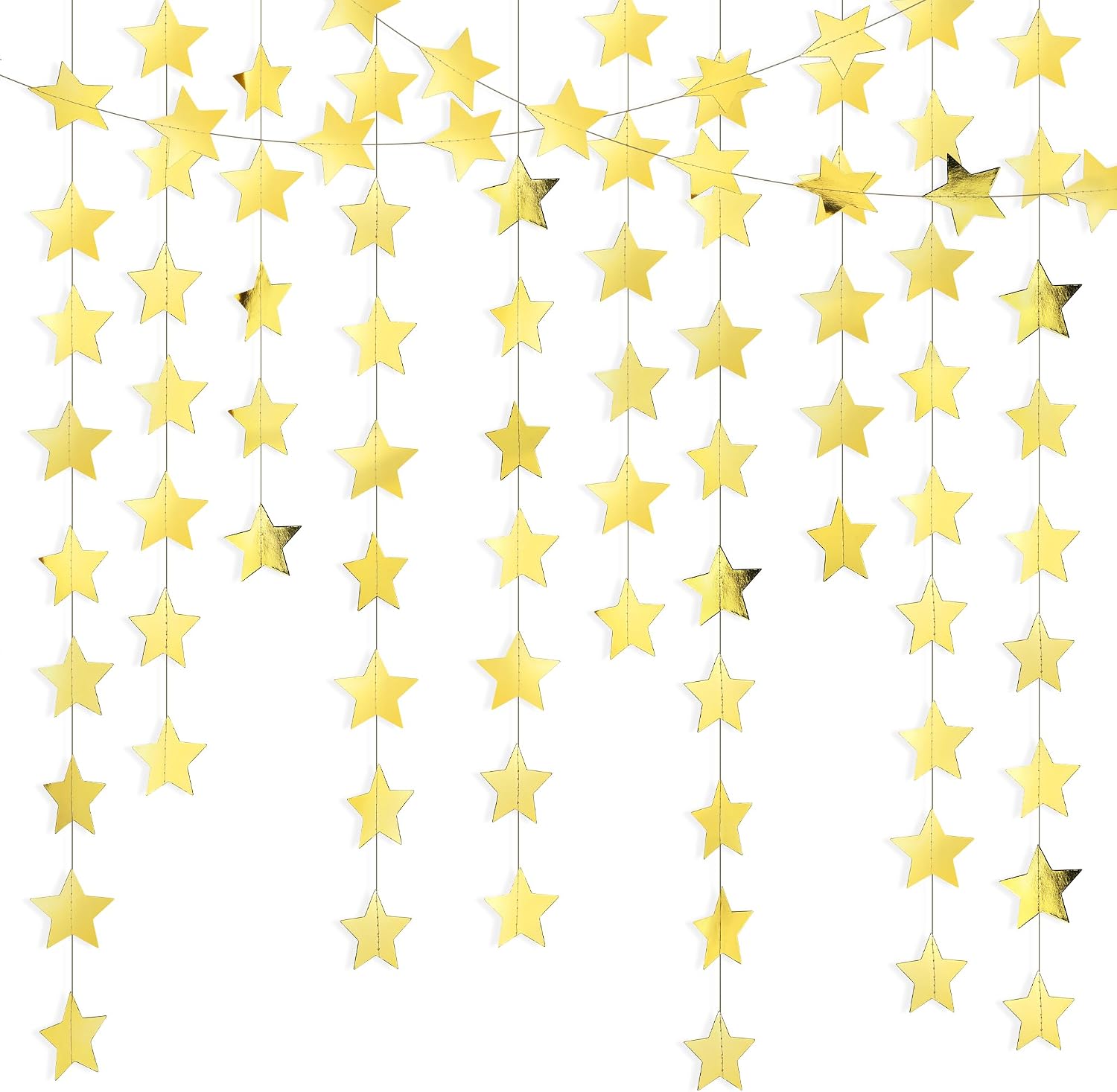 Metallic Gold Iridescent-Star-Garland 180FT – 480 Pcs Sparkling Star Streamers – Hanging Glitter Star Banner Backdrop for Birthday, Baby Shower, Wedding, Christmas Party Decorations (12 Packs)