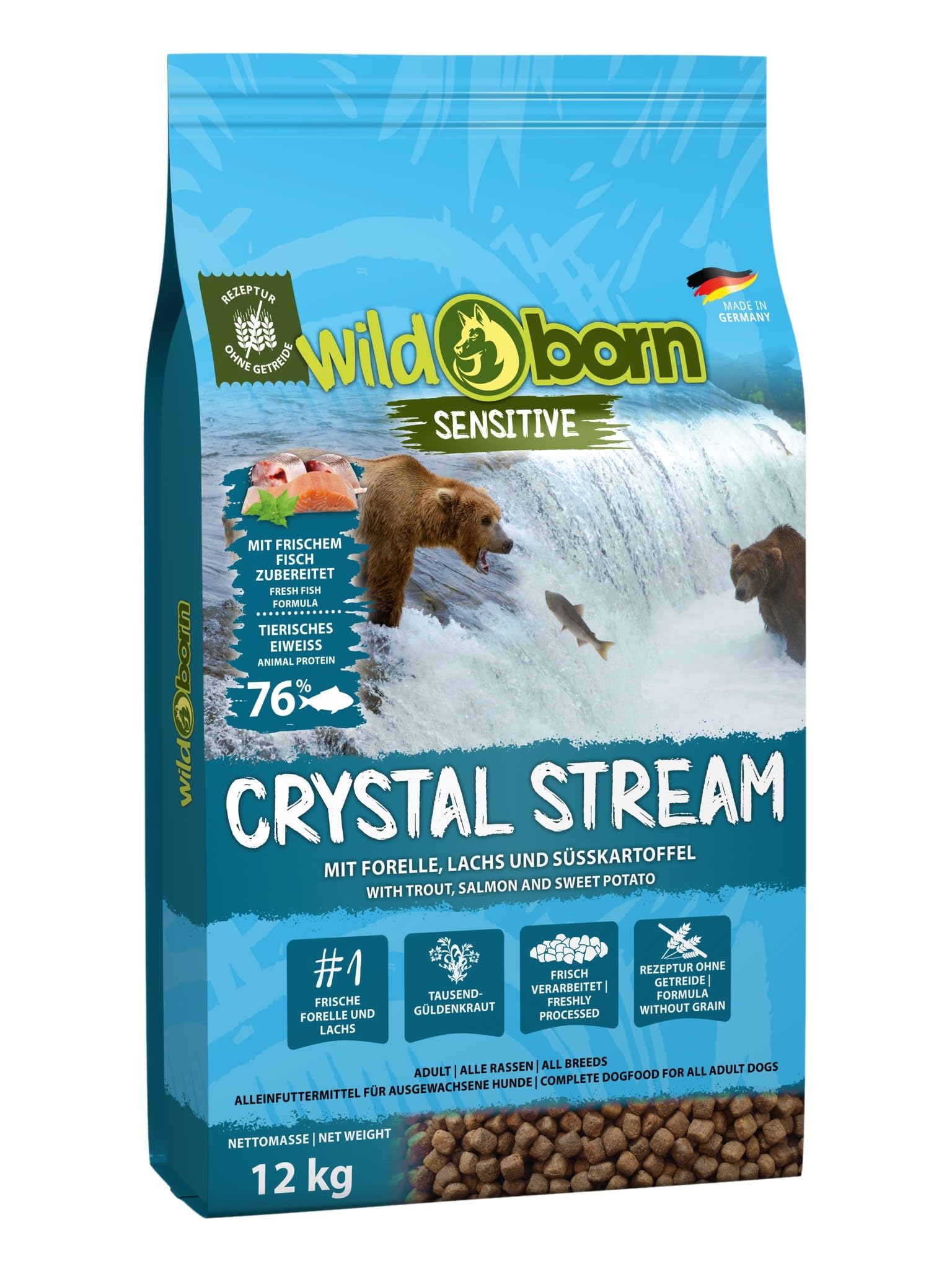Wildborn Crystal Stream 12 kg mit frischem Lachs, Forelle und Süßkartoffel | Produziert in Deutschland mit 78% tierischem Protein*