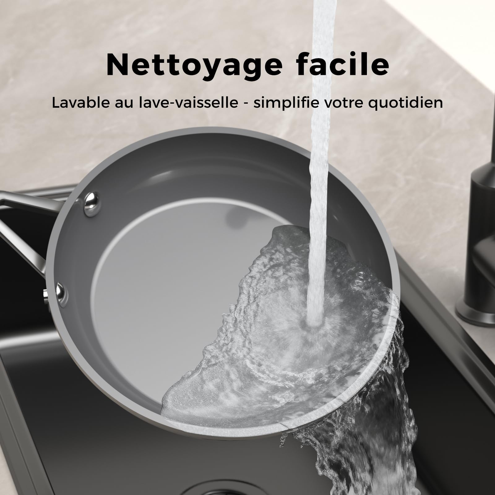 Set de 3 Poêles en Céramique Diamant Titane (20+24+28 cm) - Revêtement Antiadhésif Sans PTFE/PFOA/PFAS - Poignée Restant Froide - Compatible Induction & Four - Lave-Vaisselle -Blanc Laiteux