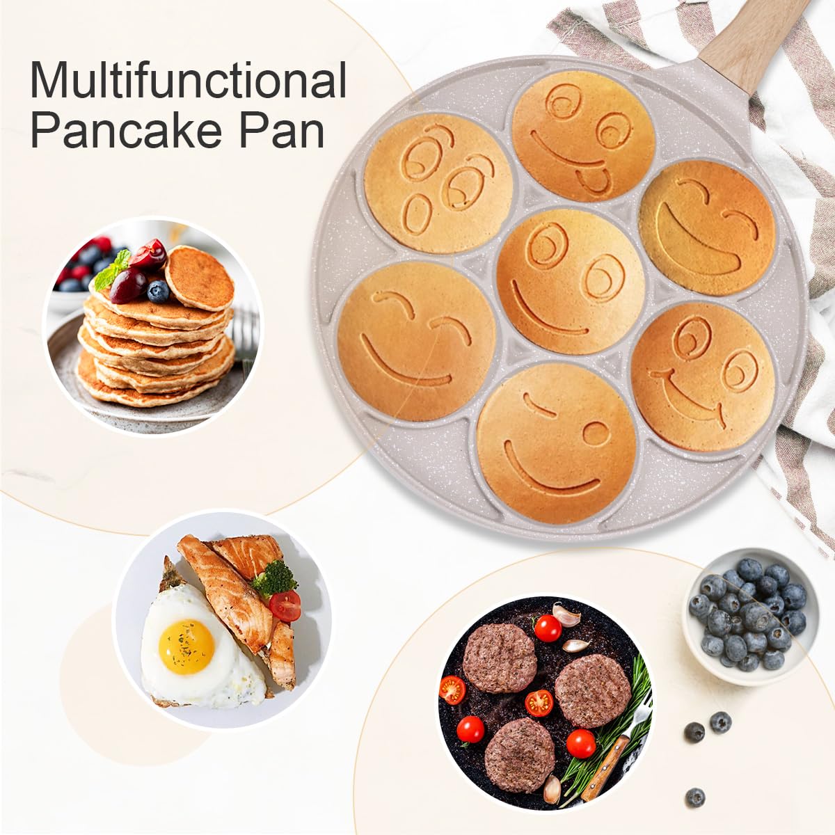 Sarten para Tortitas de Induccion, Molde Tortitas Smiley Antiadherente 7 Agujeros Sartén para Crepés de Desayuno para Niños 26 cm - Blanco