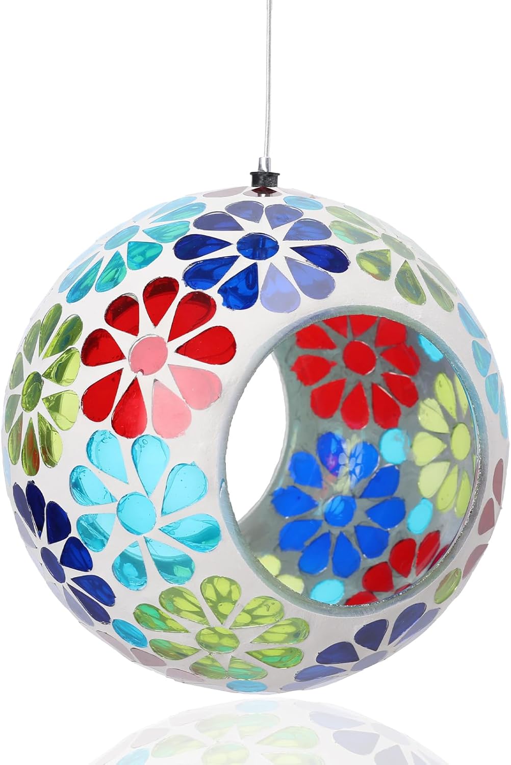 Bird Feeder - Mosaic Fly Through Bird Feeders for Outside Hanging with Round Shape Glass Container Birdfeeder for Garden Decor, 6.5 Inch Colorful Flower Design