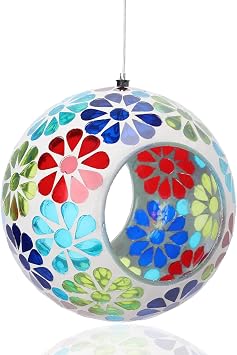 Yinns Bird Feeder, Mosaic Hanging Bird Feeders for Outside Garden Decor | Hanging Mosaic Glass Birds Feeder Outdoor, 6.5 inch Colorful Flower BirdFeeder with Stained Glass for Garden Yard Decor