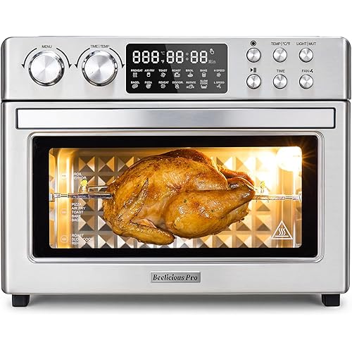 28QT Air Fryer Toaster Oven Combo, Large 12-in-1 Convection Countertop Oven with 3-Layer Cooking, Rotisserie for Chicken, 6 Heating Tubes, Fast Preheat, Fit 11" Pizza, All Accessories, Steel Gray