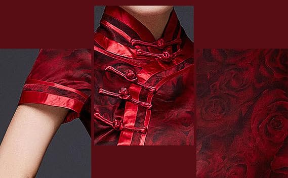 Elegant Silk Cheongsam Rose Pattern Qipao Dress Burgundy Midi 3704