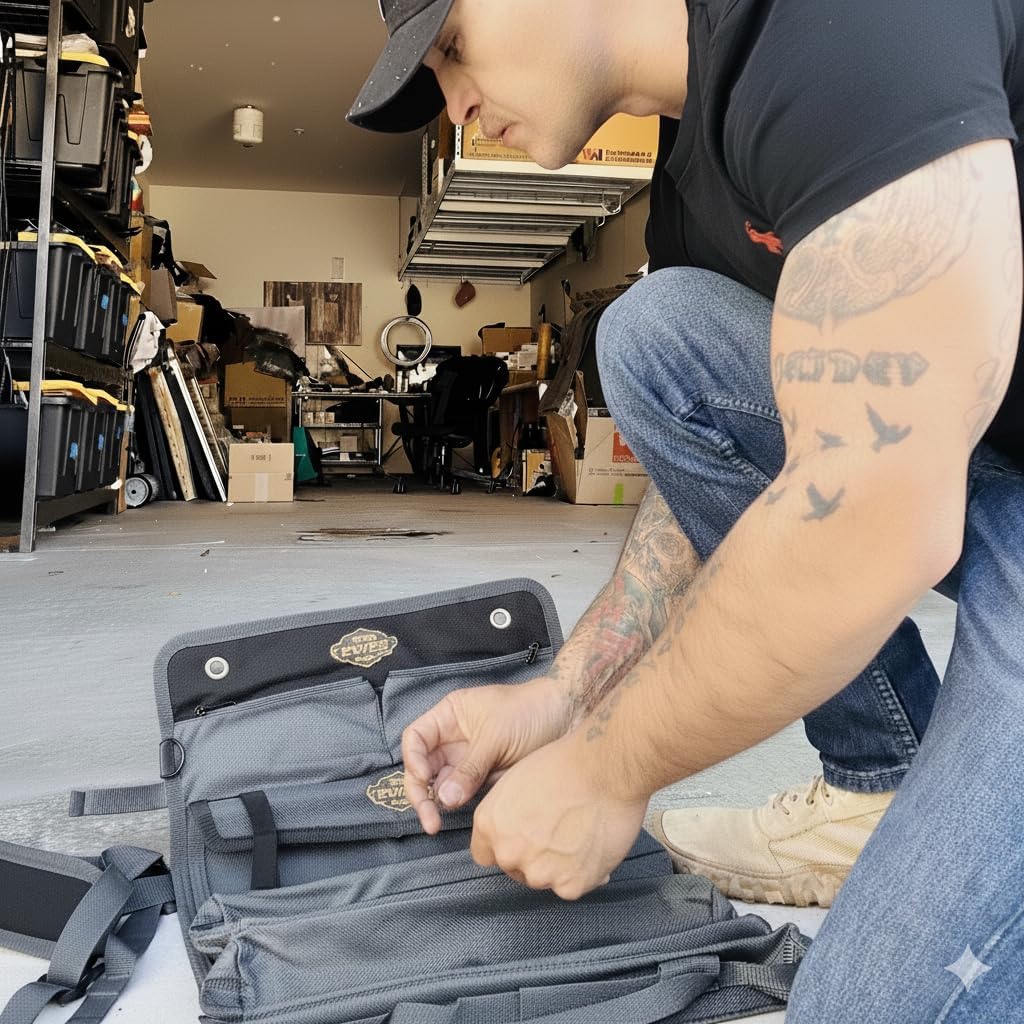 The Ryker Bag Black Pro Tool Roll – Heavy-Duty Canvas Roll-Up Tool Organizer w/detachable pouches for Bolts, Sockets & Small Power Tools for Electricians, Plumbers, HVAC Techs & DIY Professionals