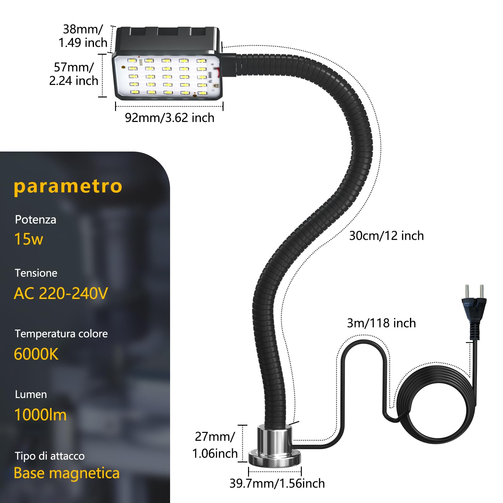 Lampada da lavoro magnetica, LED 15W 6000K per macchine, con collo d'oca flessibile e base magnetica potente, per banco da lavoro, cucito, tornio, barbecue, officina, illuminazione industriale