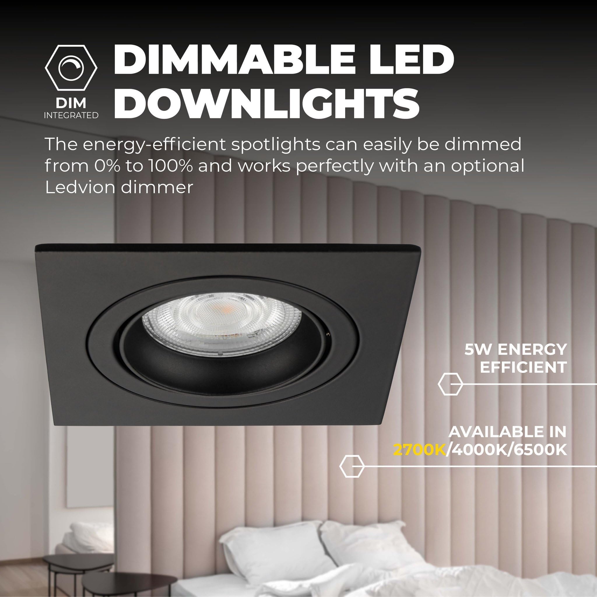 Ledvion - 6x Faretti da incasso LED Siviglia, Nero, 5W, 2700K, Ø92 mm, Dimmerabile, Quadrato, 2 Anni di Garanzia