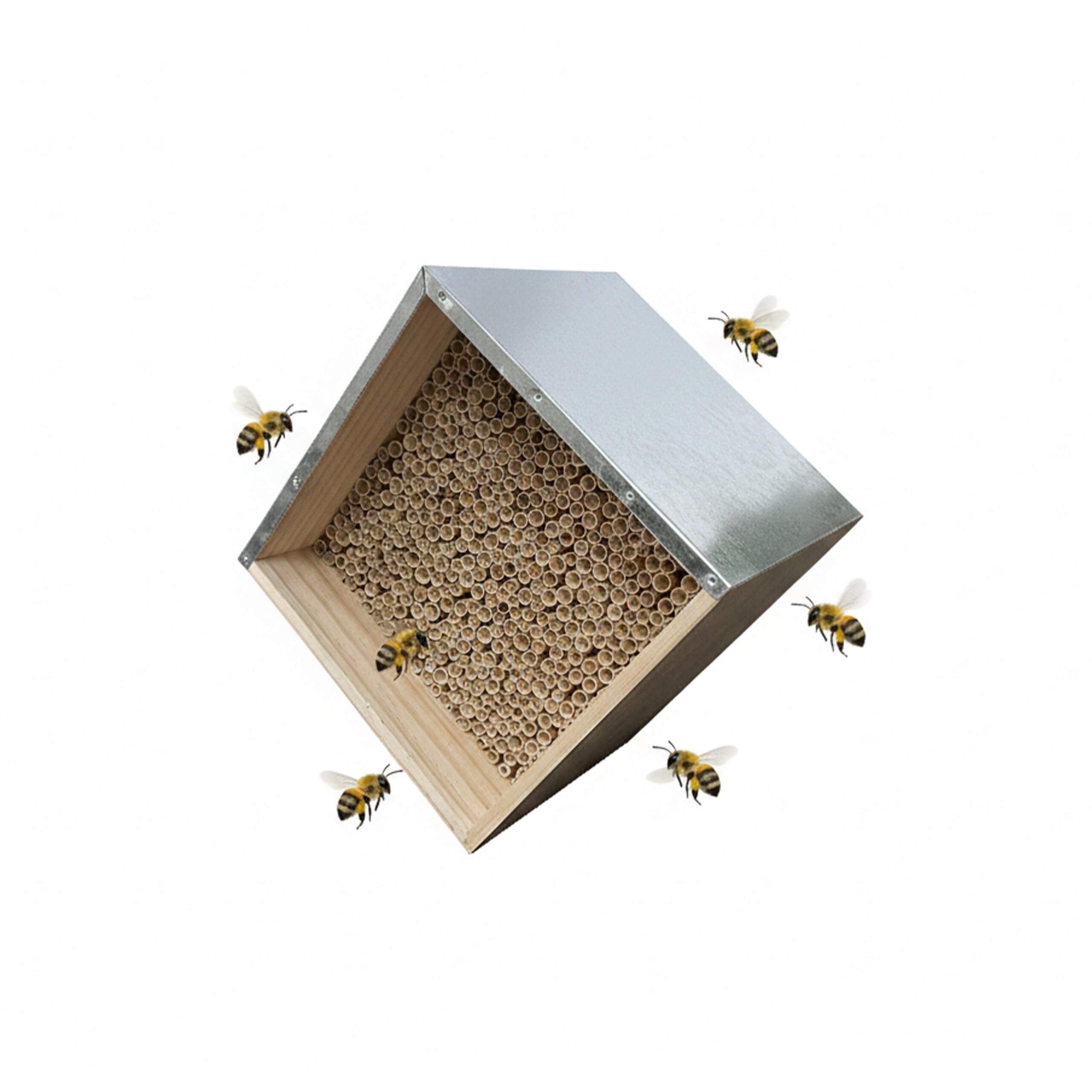 Relaxdays Natural/Silver Bee House, Pine Wood With Galvanised Metal Roof, Reed & Bamboo Tubes, Garden Hanging, 31.5 X 3
