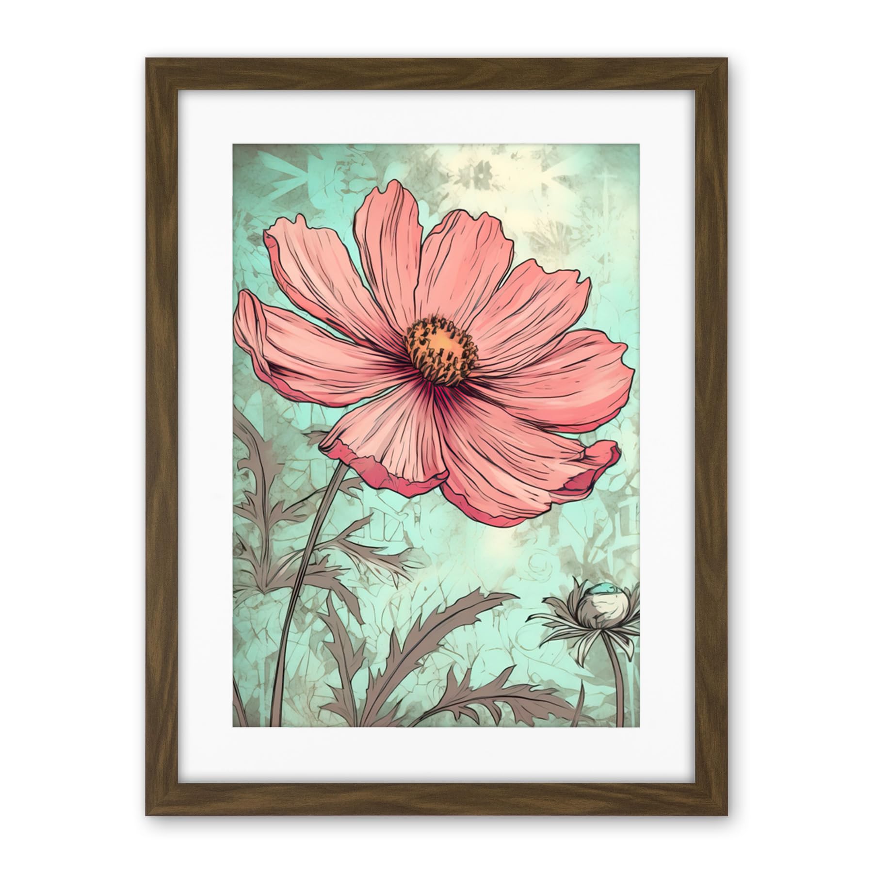 Artery8 Cosmos Flower Bloom Soft Pink and Teal Watercolour Artwork Framed Wall Art Print 18X24 Inch