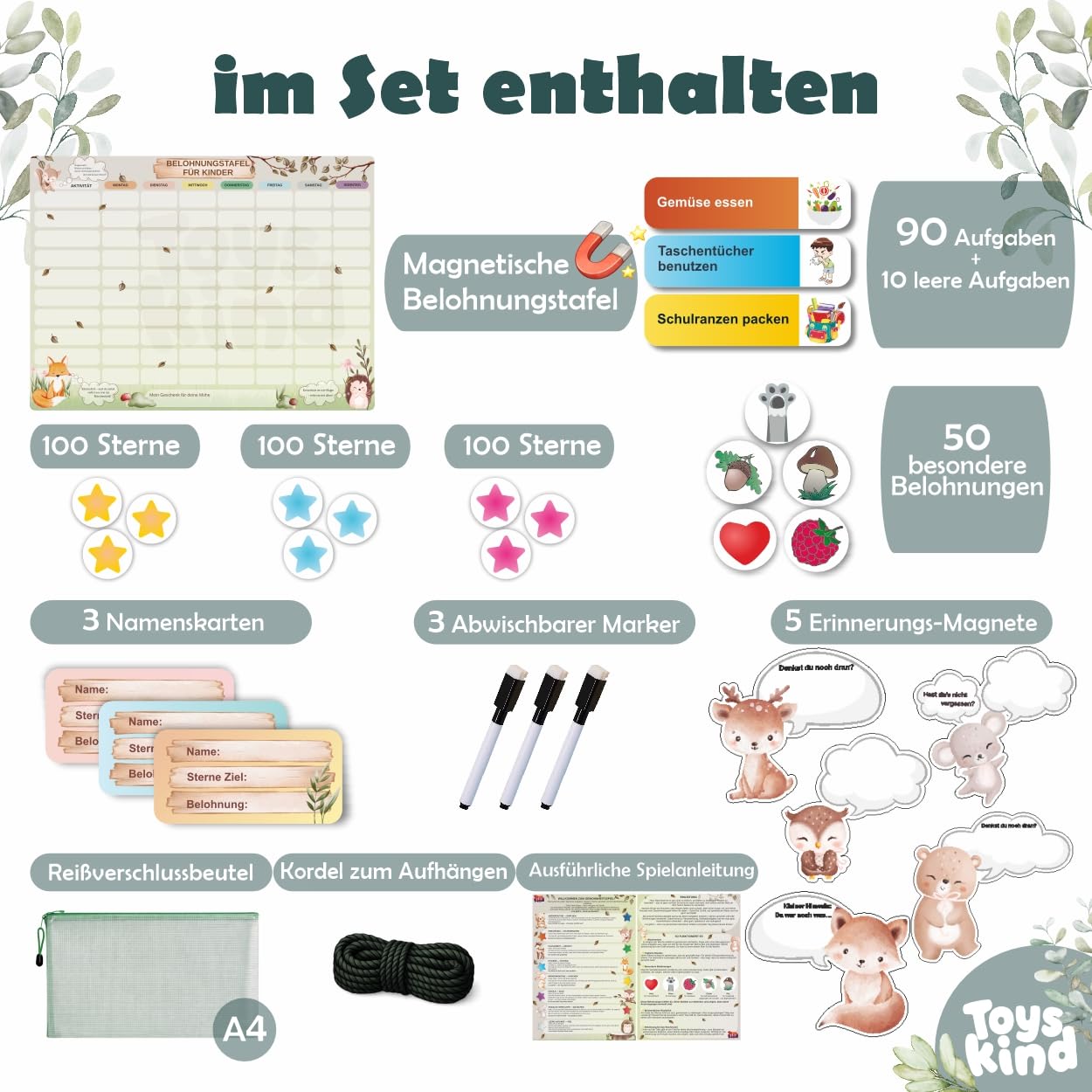 Belohnungstafel Kinder XXL-Set mit 3 Stiften & Tasche [100 Aufgaben + 355 Magnete] Belohnungssystem für Verantwortung - ADHS Hilfsmittel - Family Plan, Montessori Magnettafel, Wochenplaner