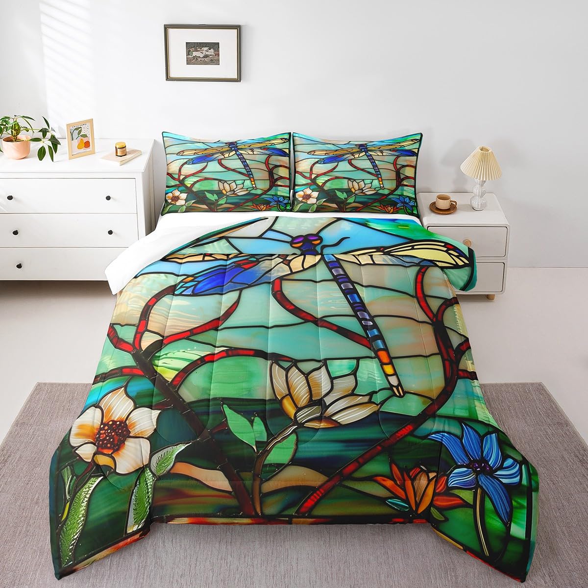 Erosebridal Boho Dragonfly King Comforter Set Exotic Dragonfly Flowers Bedding Set for Kids Adults Women,Rustic Lotus Floral Down Comforter Glass