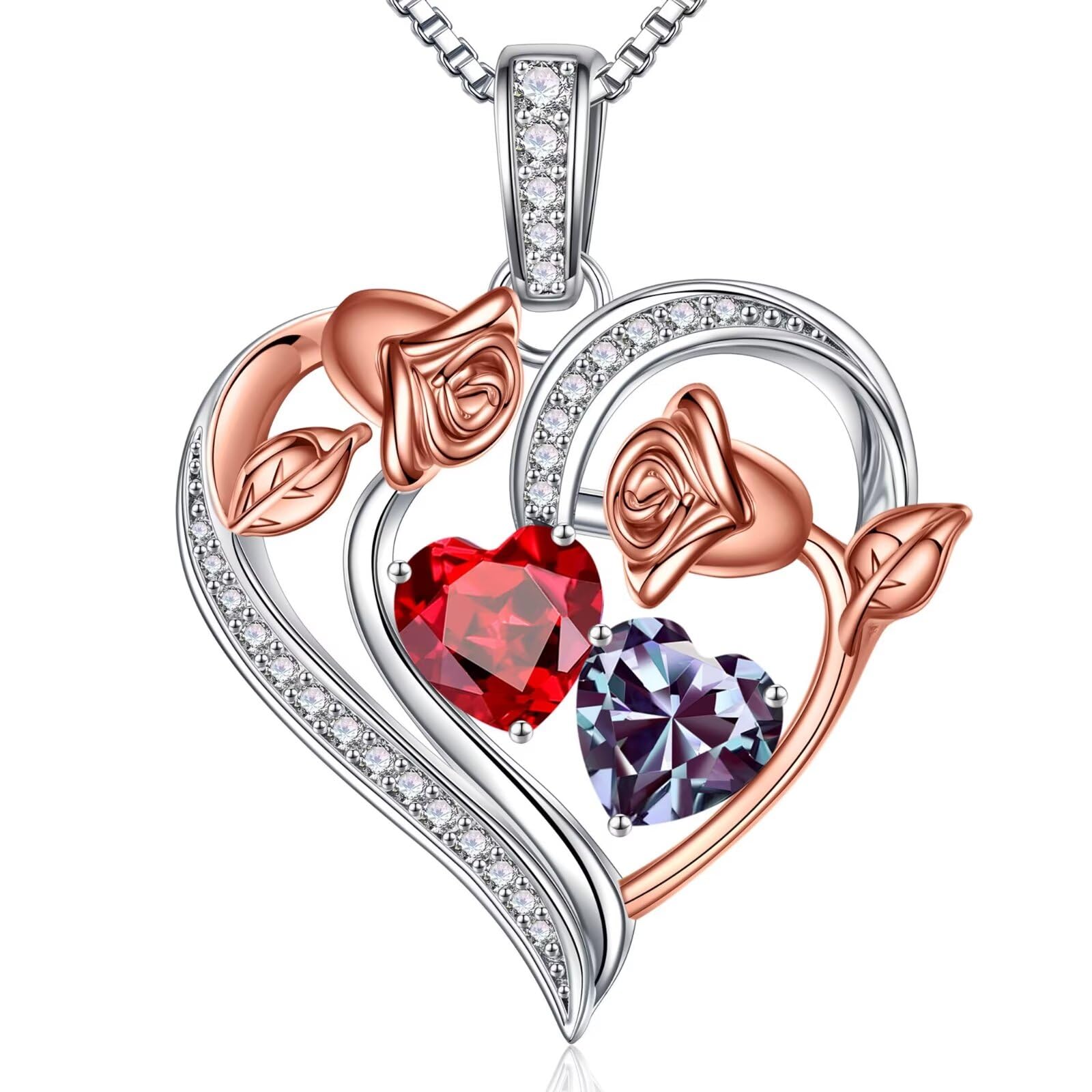 Iefil Valentines Day Gifts for Her - 925 Sterling Silver Rose Heart Necklace, Birthstone Jewelry, Anniversary Birthday Gifts for Wife Girlfriend Mom