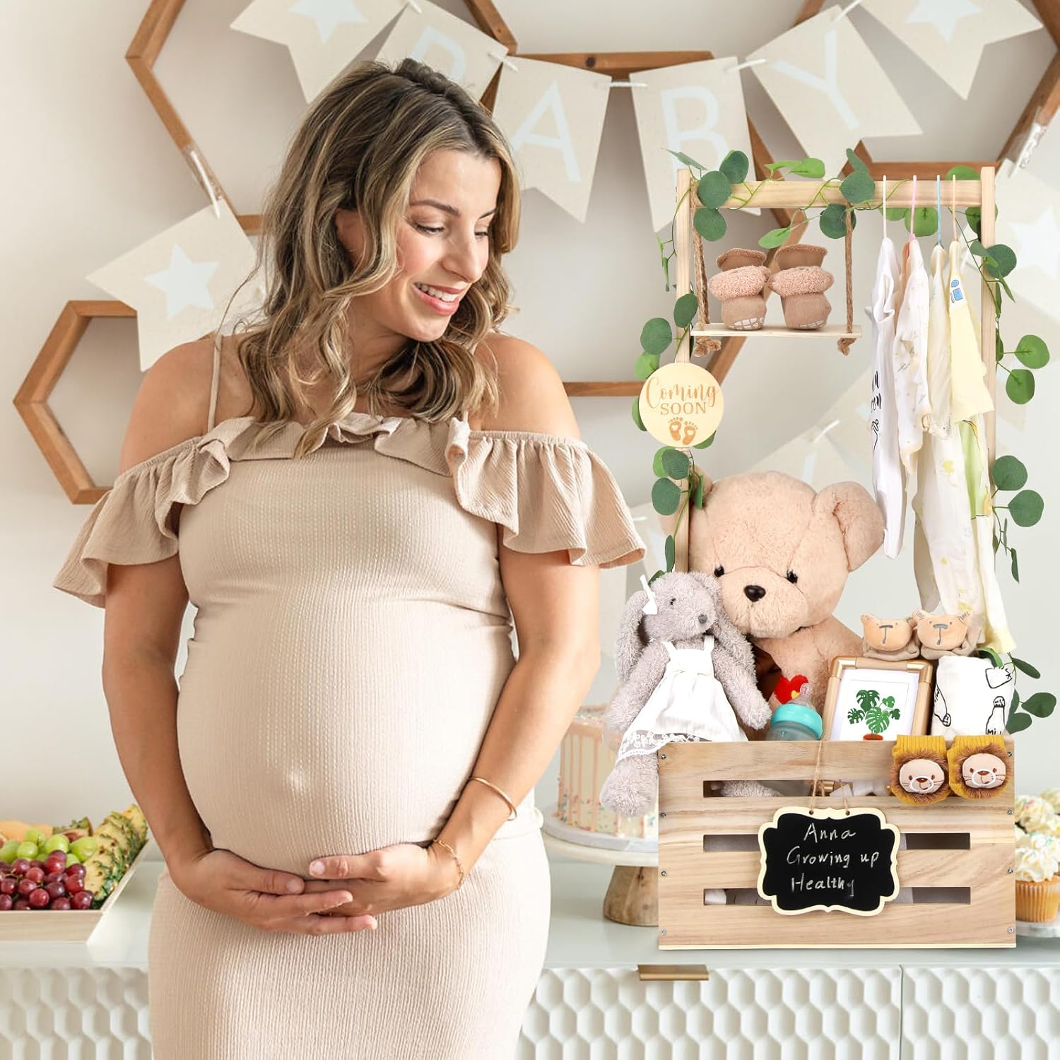 Wooden Baby Shower Crate Closet with Adjustable Handle & Garland, Large Personalized Baby Shower Basket Clothes Hangers Rack Storage Box, Pregnancy Gifts for New Parents Newborn Boy Girl