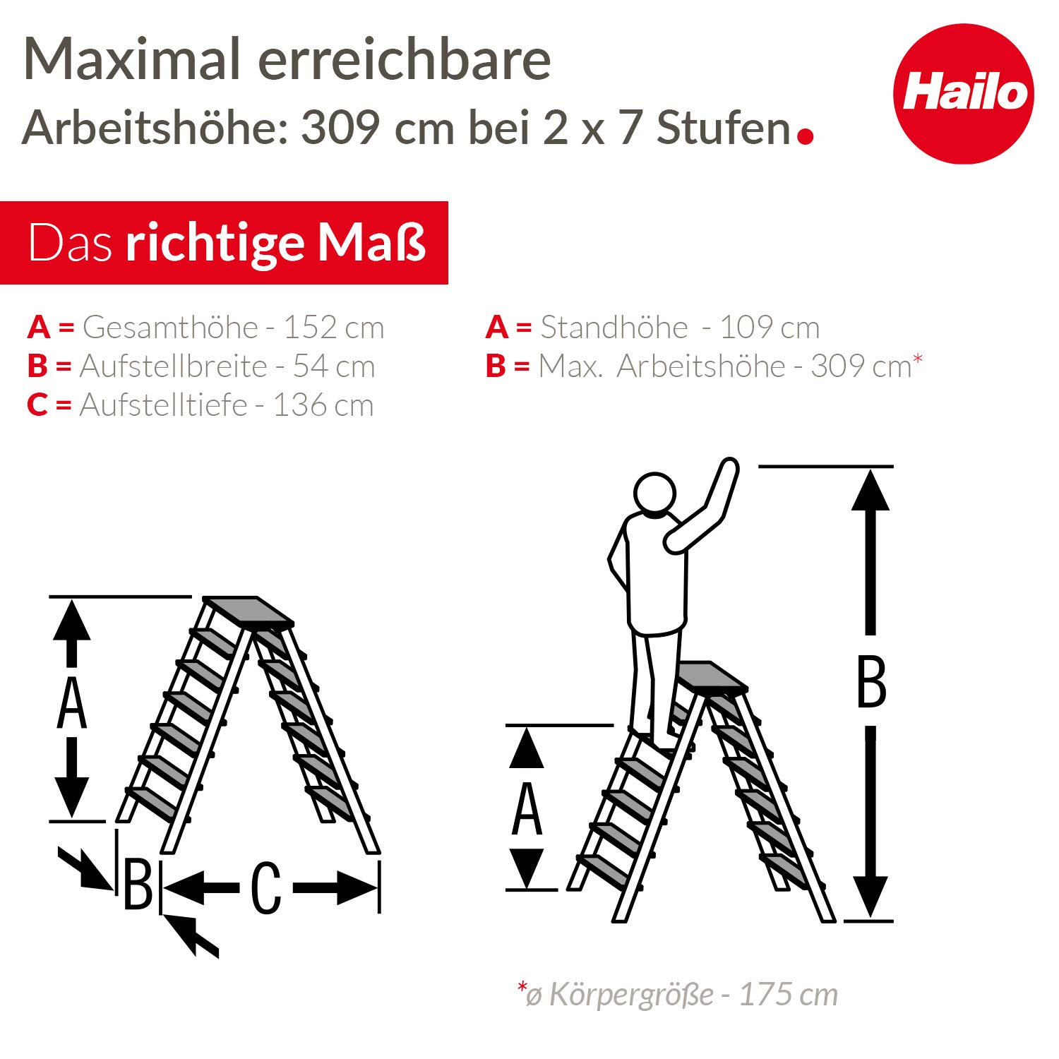 Hailo D60 StandardLine Alu-Doppelstufenleiter - 2x7 Stufen bis 150 kg - Leiter mit Spreizsicherung - Füße mit Soft-Grip-Sohle - mit stabilen Eckversteifungen - Alu Bockleiter rostfrei - Silber
