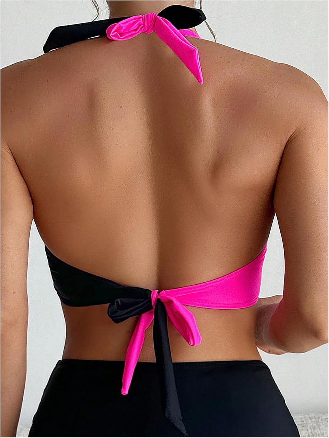 Milumia Women's Color Block Halter Bikini Top Cross Wrap Tie Backless Bathing Suit Tops