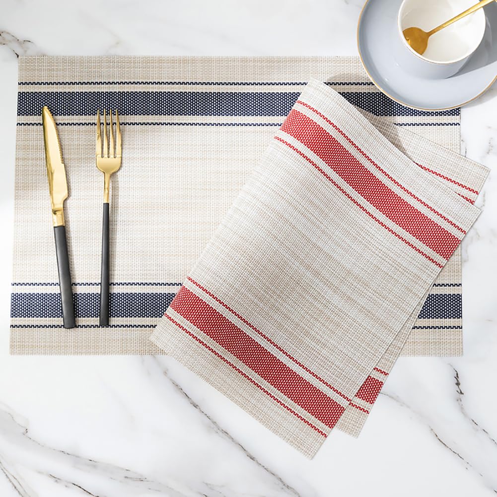 Rustic Farmhouse Striped PVC Placemats Set - Taques De Table Rectangulaire Étanche 45x30cm (17,7x11,8 Pouces) pour La Décoration De La Cuisine De Cuisine,Bleu,10pcs