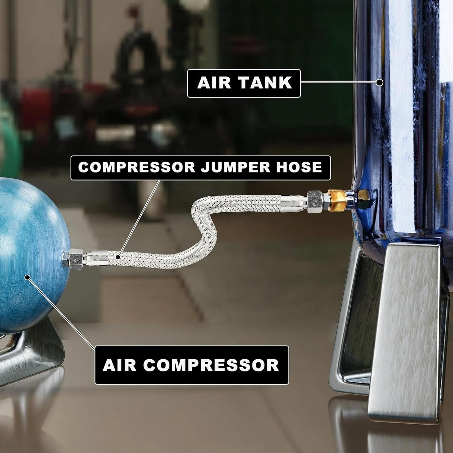 Industrial Grade Compressor Jumper hose Kit,With 1/2" NPT Male 20" Length 450 PSI &750°F, And Two 1/2" Male Adapters,Flexible Stainless Steel Metal Hose (Both Sides Fittings Rotate Freely)