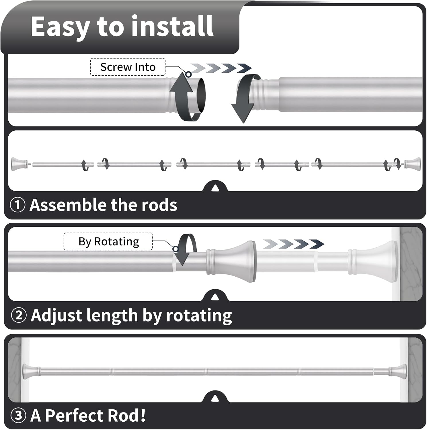 YNL Silver Shower Curtain Rod 36-68 Inch(3-5.67ft), No Slip No Drill Stainless Steel Spring Tension Curtain Rod, No Rust Shower Rod Adjustable For Bathroom closet