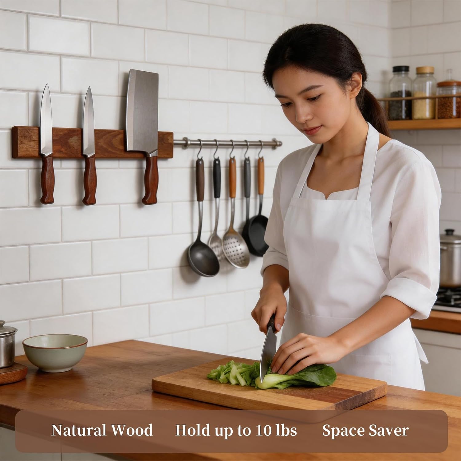 Magnetic Knife Holder for Wall, 20 Inch Acacia Wood Magnetic Knife Strip with Strong N52 Magnets, No Drill Knife Bar for Kitchen Knives & Utensils, Space-Saving Organizer for Kitchen, RV, Farmhouse