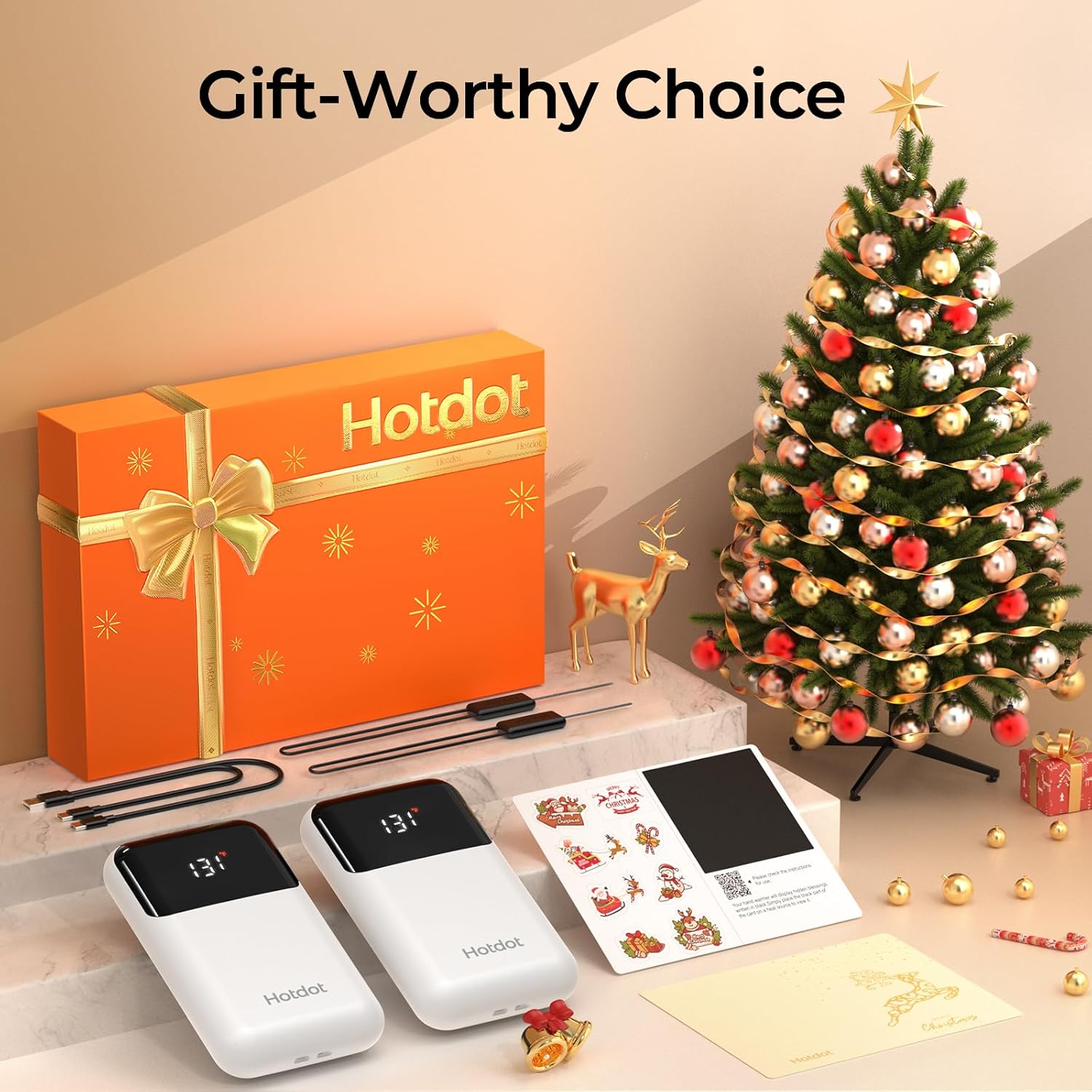 Hotdot Hand Warmers Rechargeable with Gift Box, 4 Pack Electric Hand Warmer with LED Display Battery and Temperature, 4 Heating Levels Portable Hot Hands, for Men, Women, Hunting White