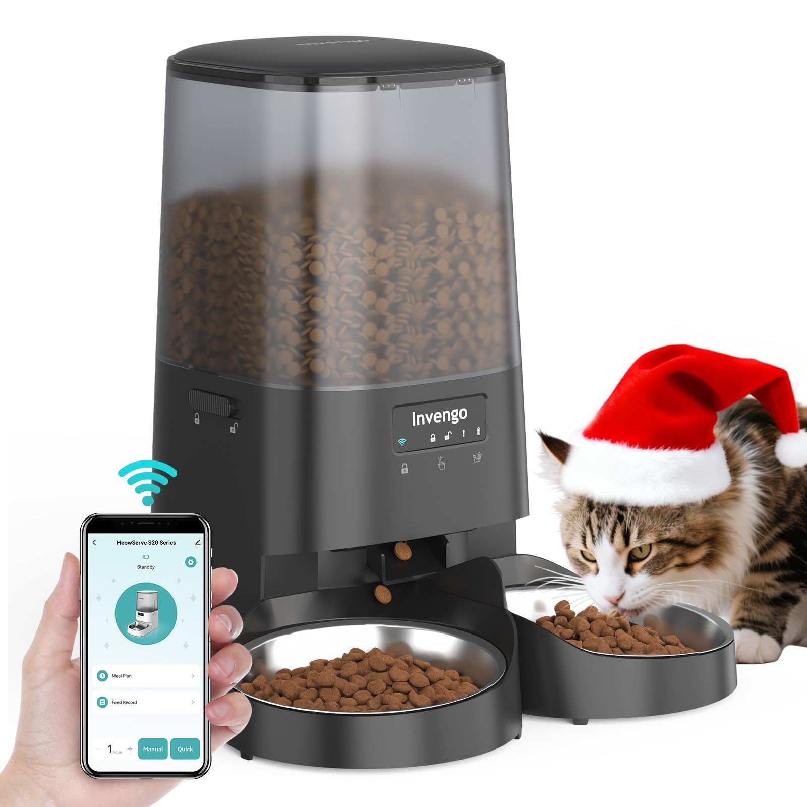Invengo Automatic Cat Feeder with App Control, 5L Food Dispenser for 2 Cats, 2.4/5G WiFi, Dual Power, Programmable Portions, Anti-Jam & Fresh-Lock, Stainless Steel Bowls, Easy to Clean