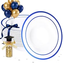 Goodluck 50 Pack Plastic Bowls with Blue Rim, 12oz Disposable Soup Bowls, Heavy Duty Dessert Bowls for Graduations, Weddings, Parties, Catering, and Everyday Use