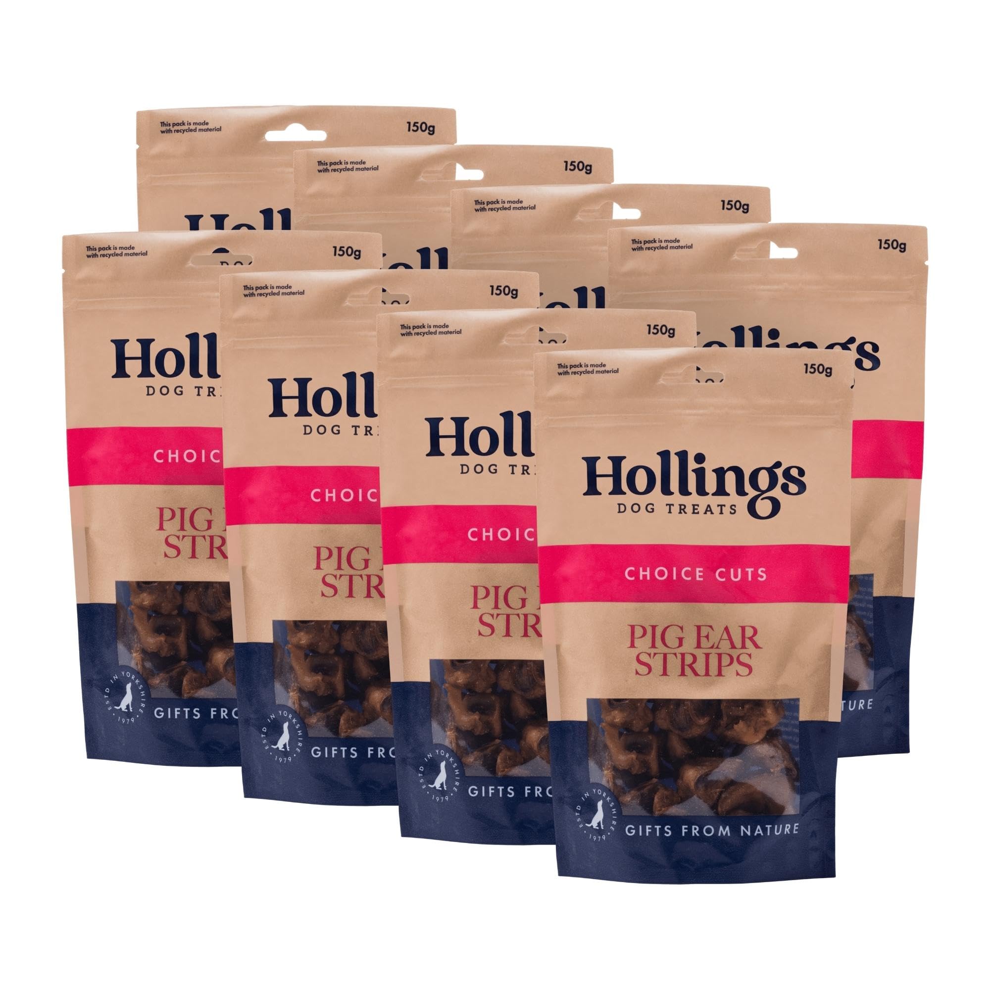 Hollings Pig Ear Strips Dog Treats, 100% Natural Air Dried Long Lasting Chews for Adult Dogs, Grain Free & High in Protein 150g (Pack of 8) — image 1