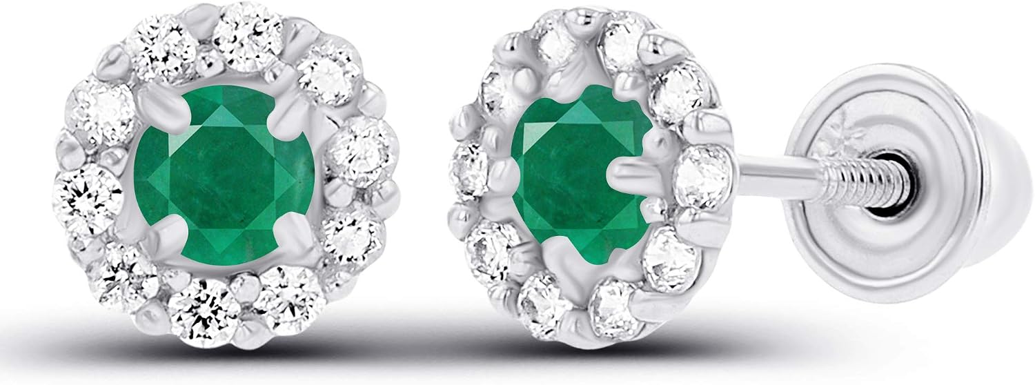 Solid 14K Gold 4mm Natural Birthstone Screwback Stud Earrings For Women | 2.50mm Birthstone | 1mm Created White Sapphire Flower Screwback Earrings For Women