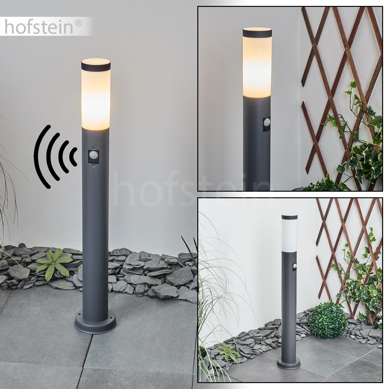 HOFSTEIN Wegeleuchte Sessa, Außenwegeleuchte mit Bewegungsmelder aus Metall/Kunststoff in Antrazit/Weiß, moderne Außenleuchte für Garten, Außenbereich, Hof, Terrasse, Höhe 80 cm, E27, IP44