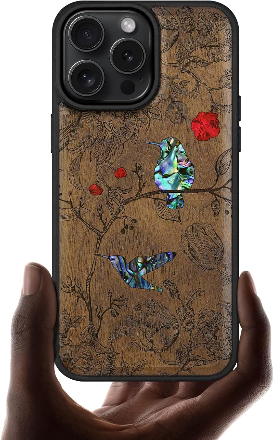 Carveit Magnetic Case for iPhone 16 Pro Max Case, Wood Artisan Engraved & Handmade Shell Inlaid, TPU Shockproof Cover, Compatible with MagSafe Wireless Chargers (A Dance of Flora and Avian) Walnut