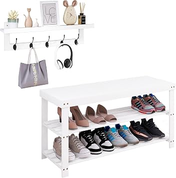 SMIBUY Coat Hooks with Shelf Wall-Mounted And Shoe Rack Bench, 29.2 Inch Entryway Coat Rack for Wall And 3-Tier Shoe Organizer Storage Shelf for Entryway Hallway Bathroom Living Room White